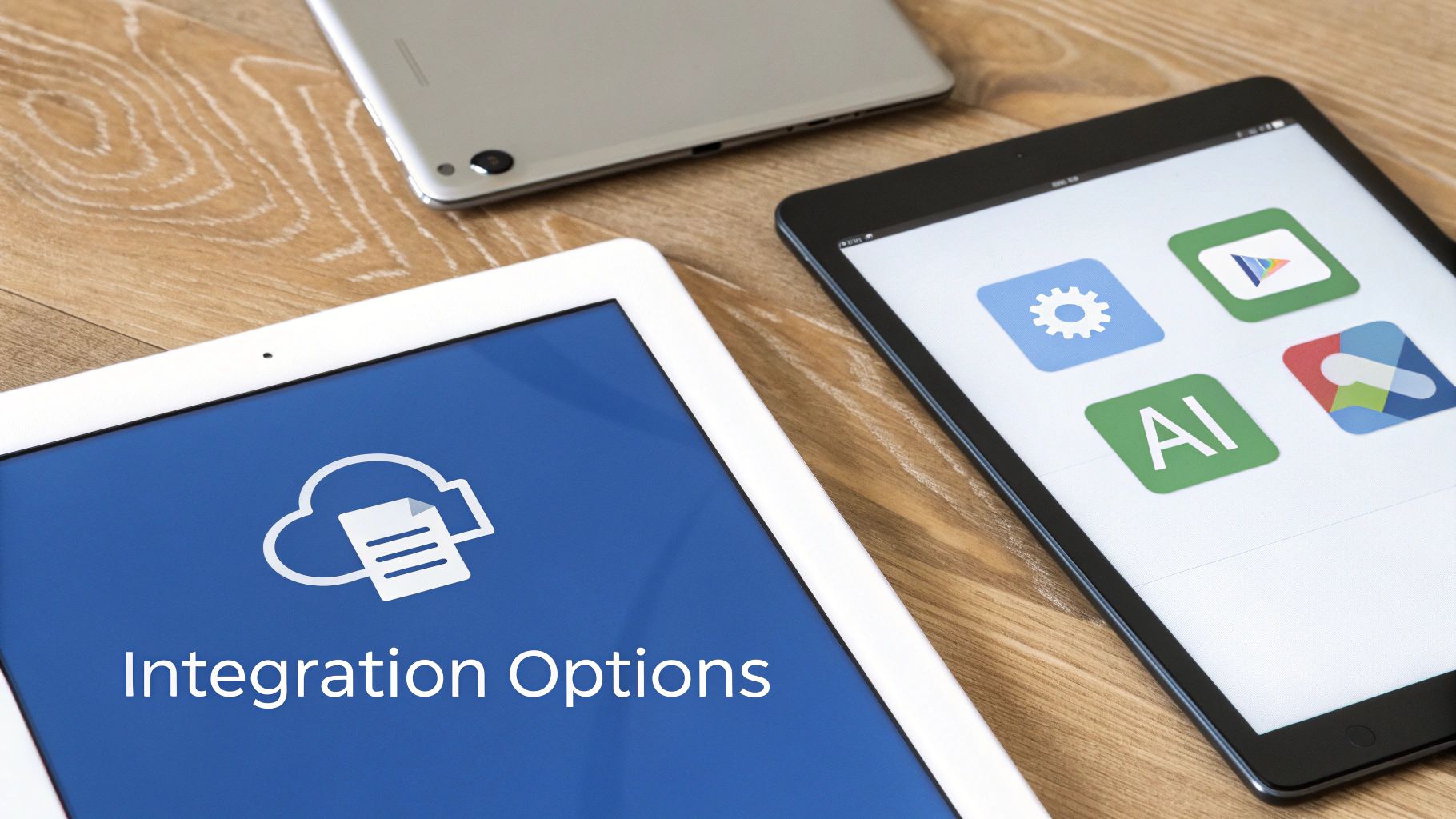 Two tablets and a smartphone on a wooden table, displaying 'Integration Options' and various app icons.