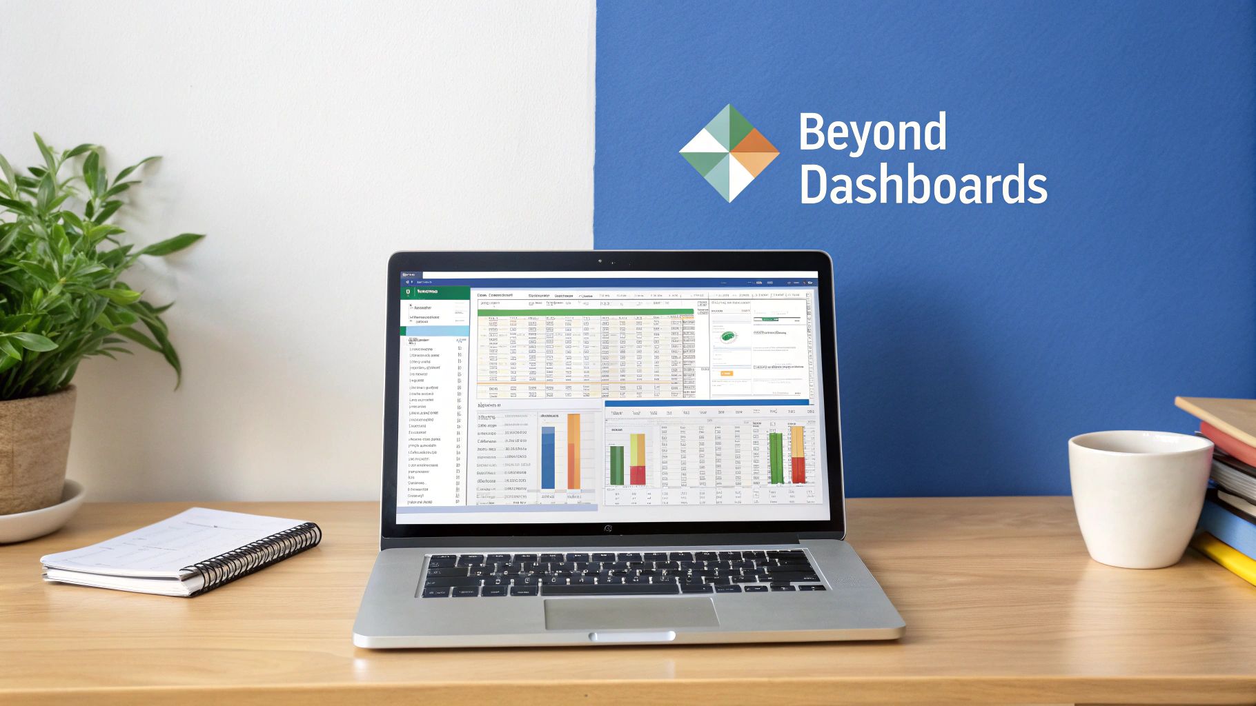 Laptop displaying a detailed data analysis dashboard with charts on a wooden desk.