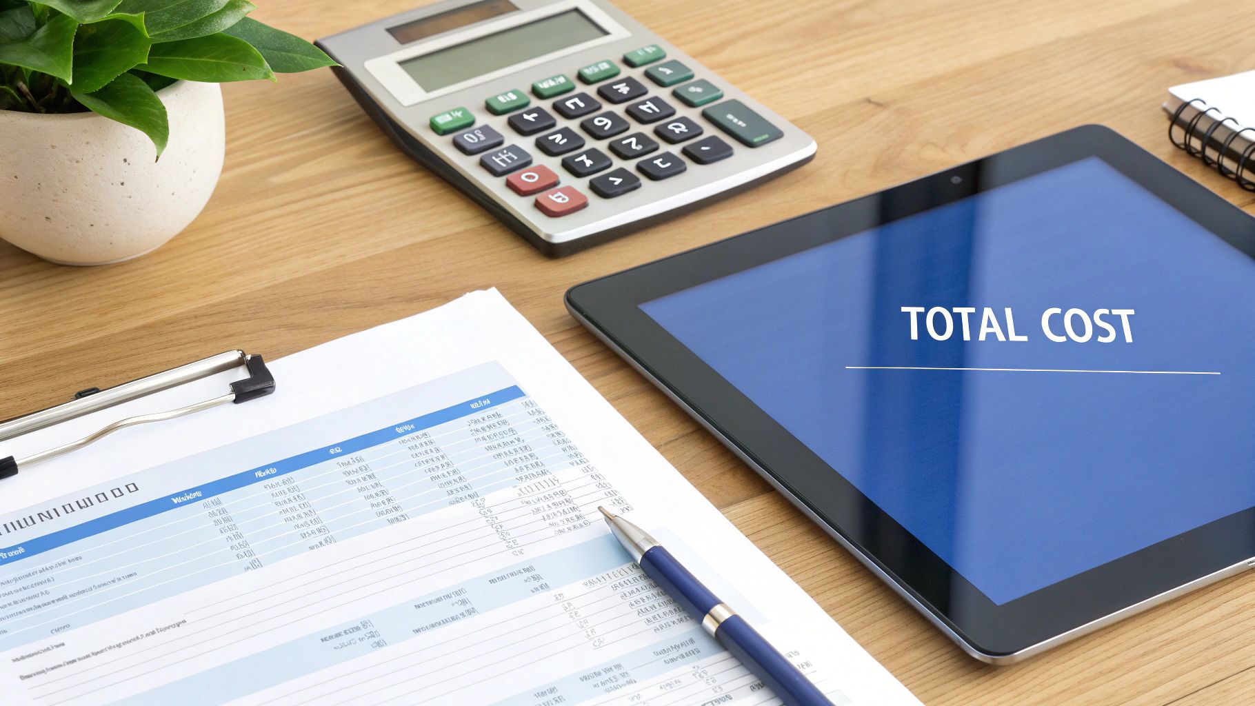 A desk with a calculator, a tablet showing 'TOTAL COST', financial documents, and a pen.