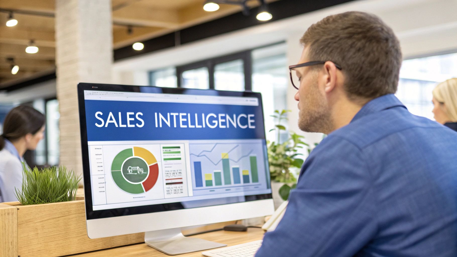 Man in glasses analyzes sales intelligence data and graphs on a computer monitor in an office.