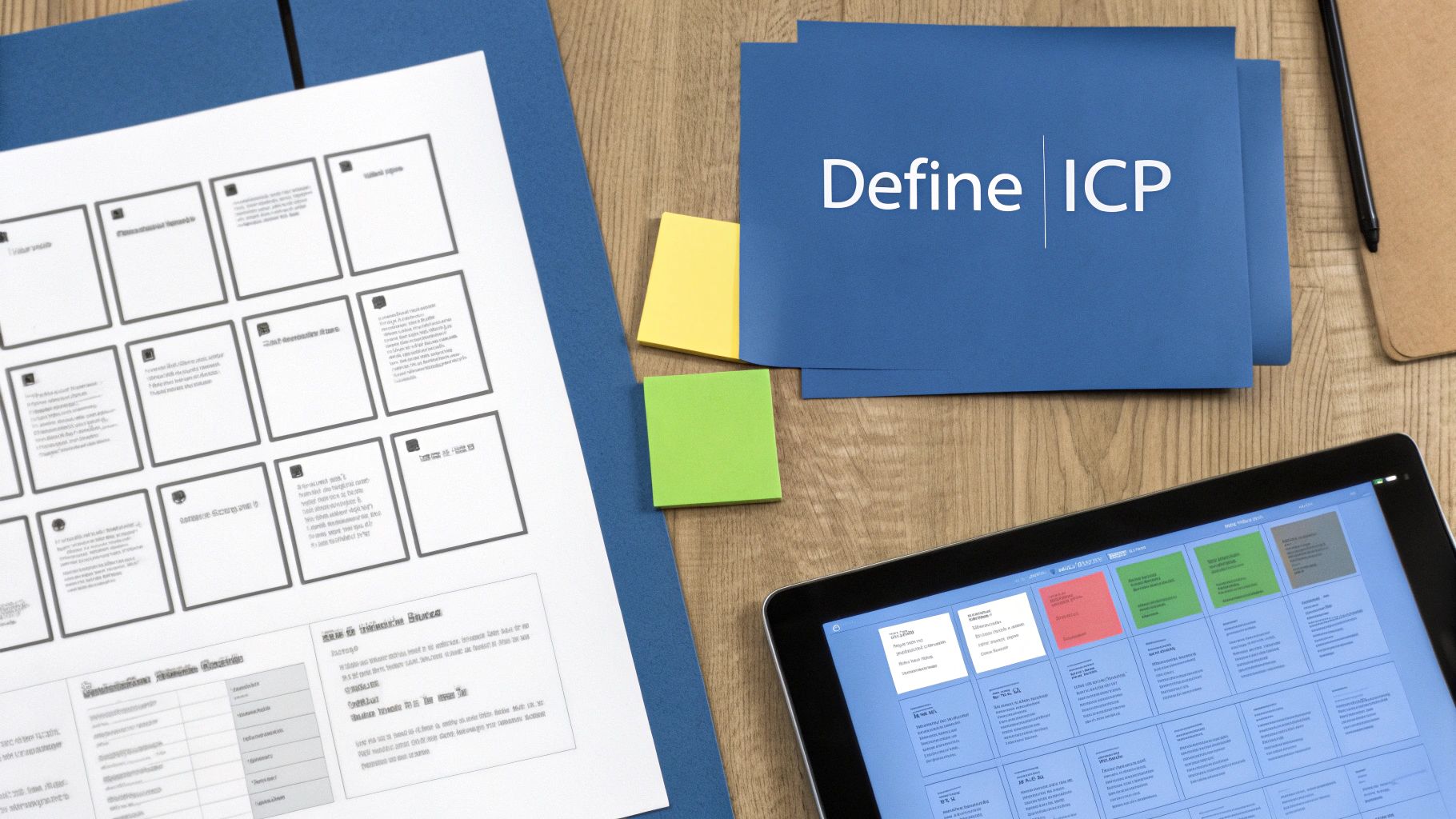 Overhead view of a desk with documents, sticky notes, and a tablet, featuring 'Define ICP' on blue paper.