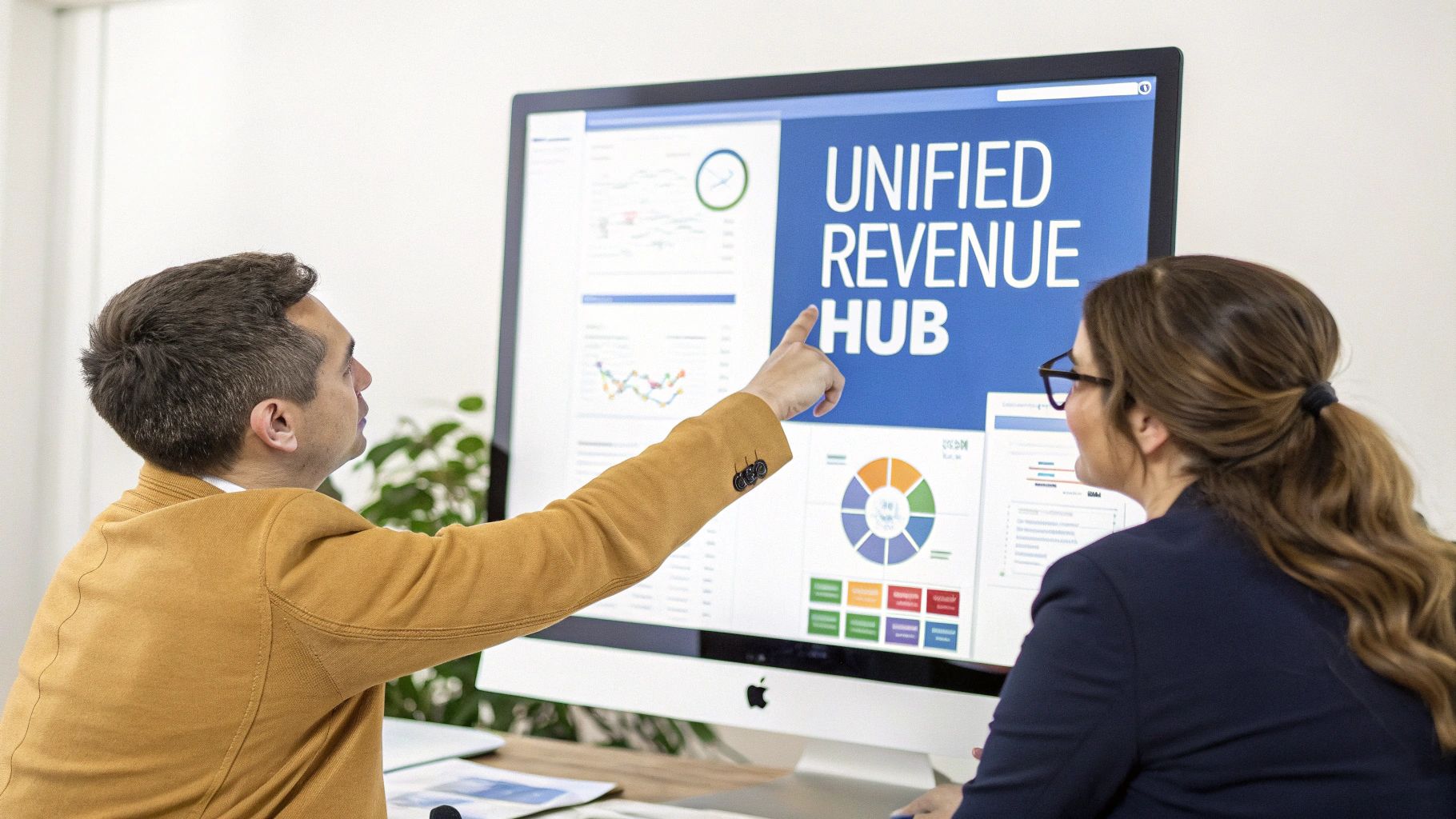 Two business professionals analyzing data and charts on a computer screen displaying 'Unified Revenue Hub'.