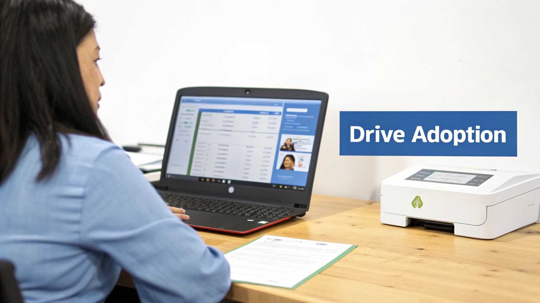 A group of professionals collaborating around a screen displaying Salesforce dashboards.