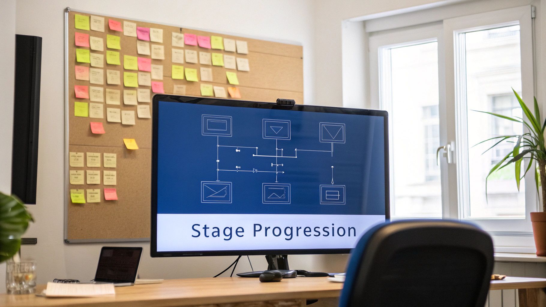 A team collaborating around a CRM dashboard showing customized sales pipeline stages