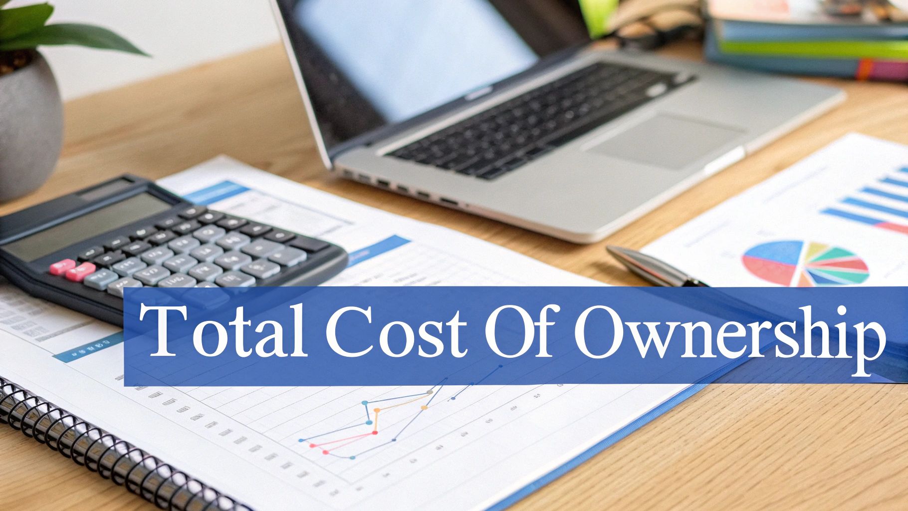A calculator, laptop, and business charts on a desk with 'Total Cost Of Ownership' text.