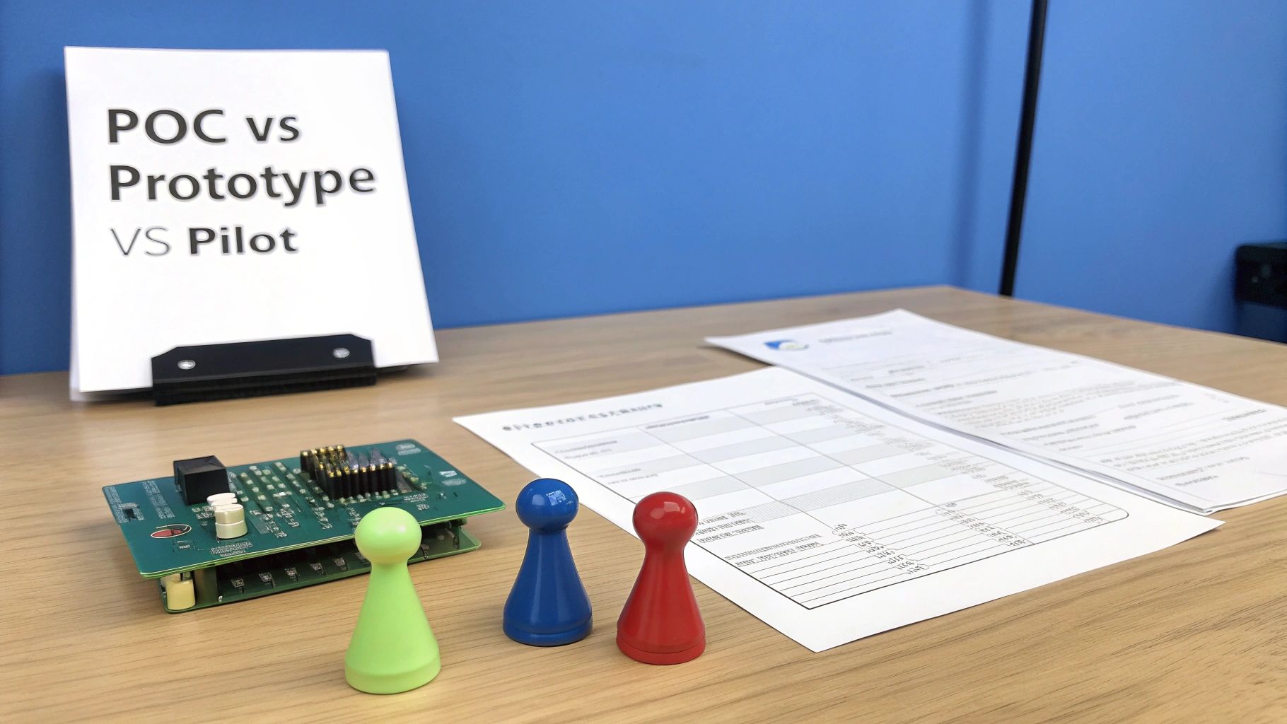 A desk with a sign 'POC vs Prototype vs Pilot', circuit board, and three game pawns.