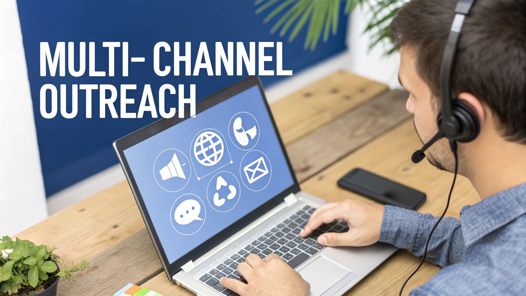 A man in a headset types on a laptop with multi-channel outreach icons on screen.