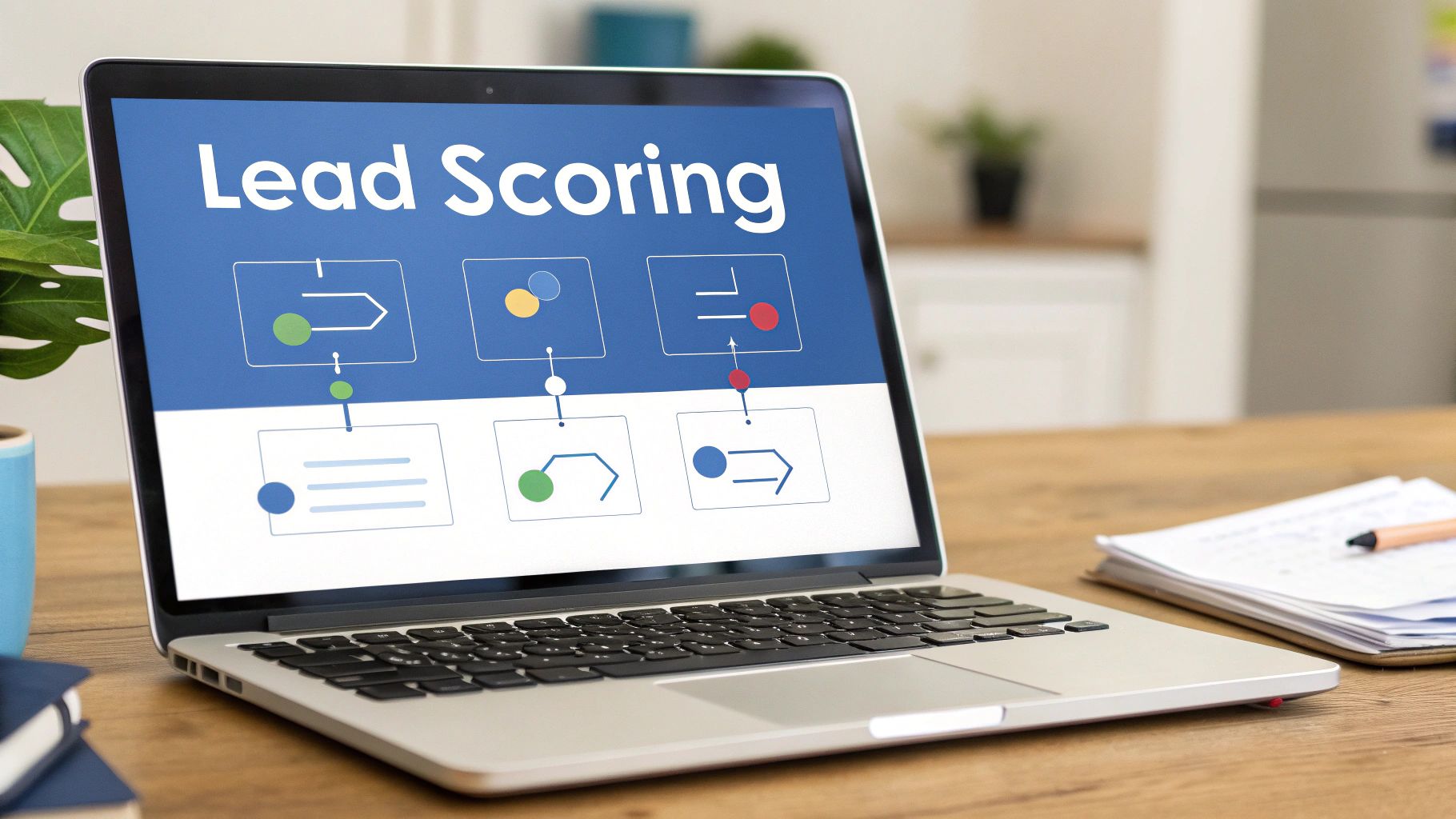 A laptop displays a 'Lead Scoring' diagram on a wooden desk, emphasizing sales lead management.