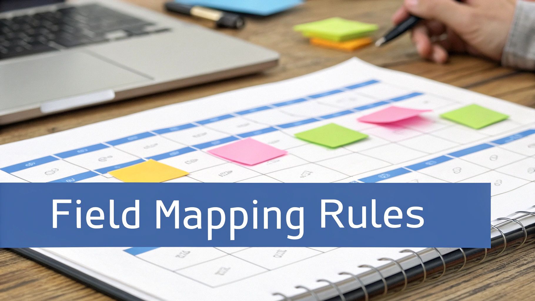 A hand writing on a calendar with colorful sticky notes, overlayed with "Field Mapping Rules" text.