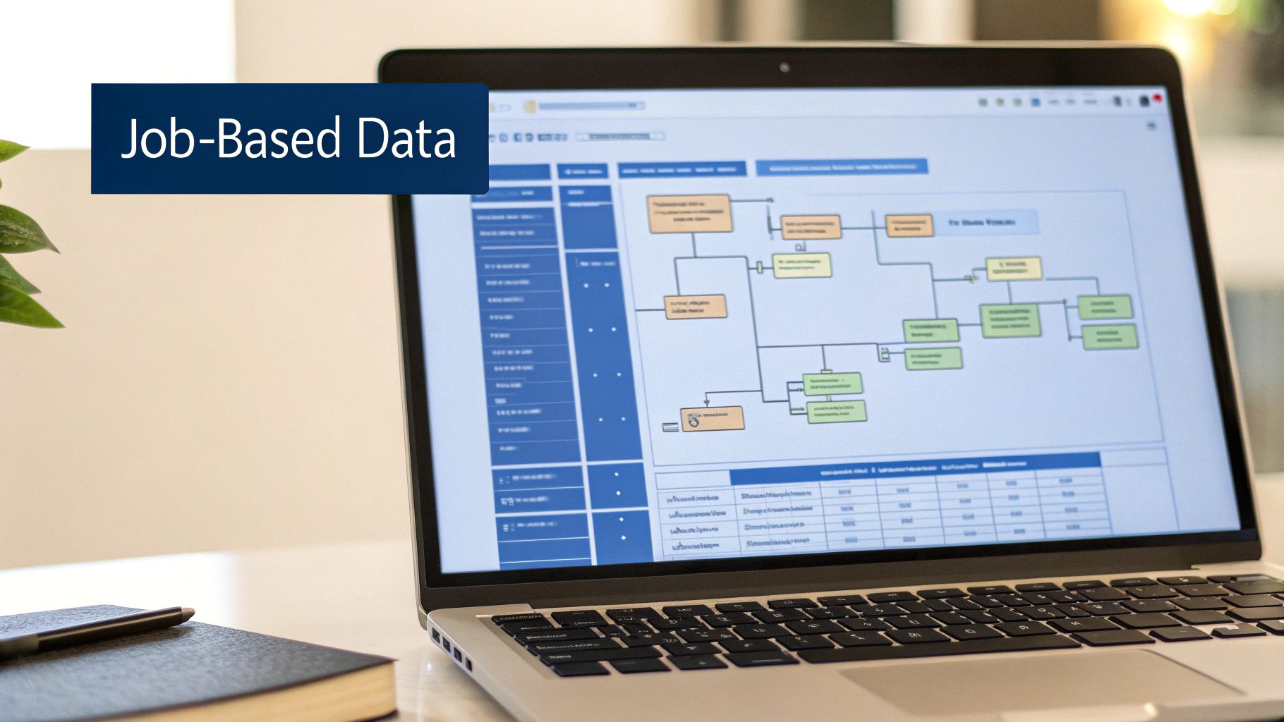 A laptop screen displays a flowchart and table of job-based data on a desk.
