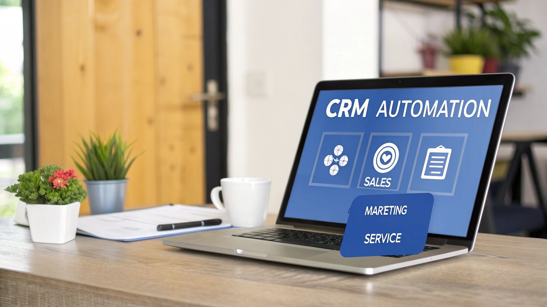A flowchart showing an automated workflow connecting different business departments like sales, marketing, and customer service.