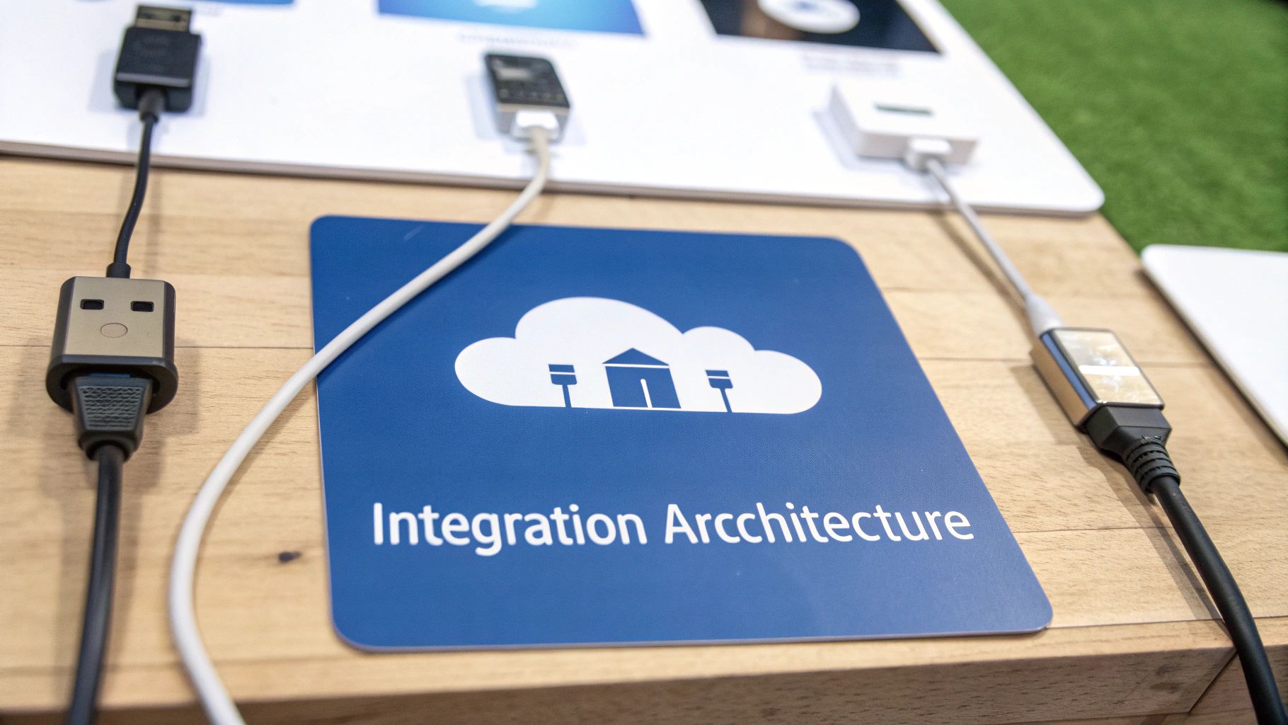 A blue sign displays 'Integration Architecture' with a cloud icon, surrounded by connected USB cables.