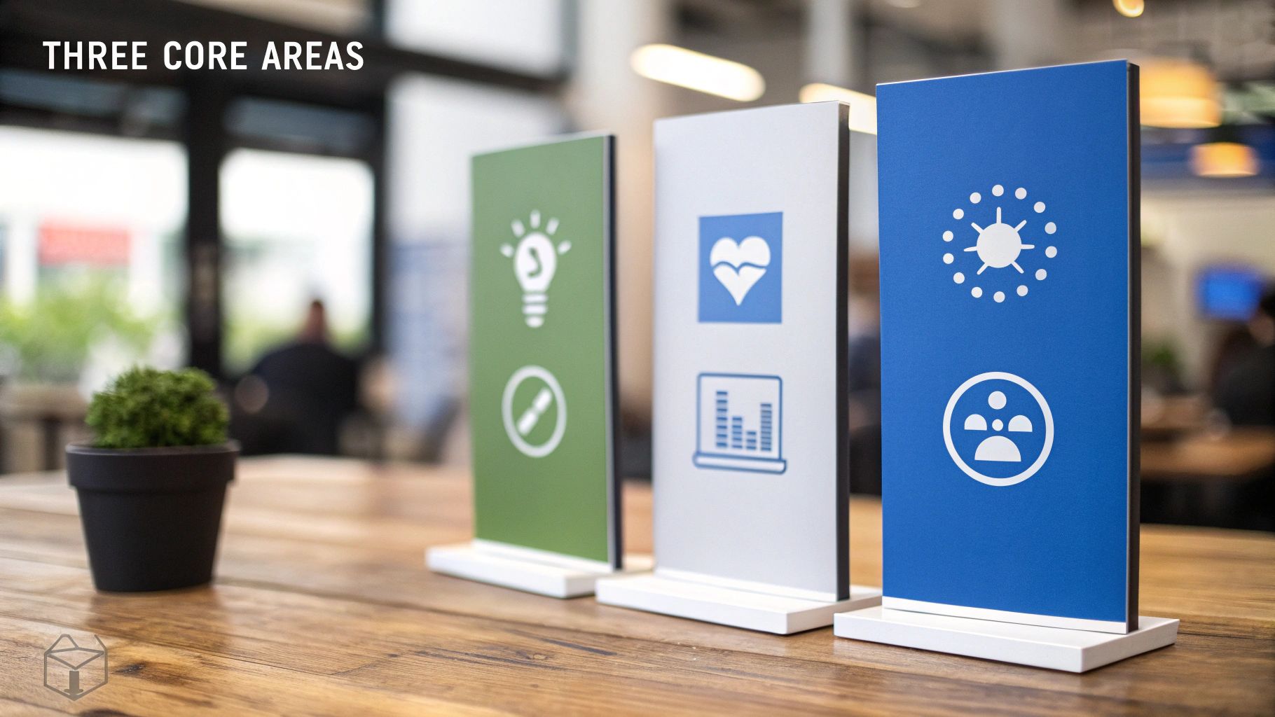 Three vertical signs displaying various icons representing different core areas on a wooden table.