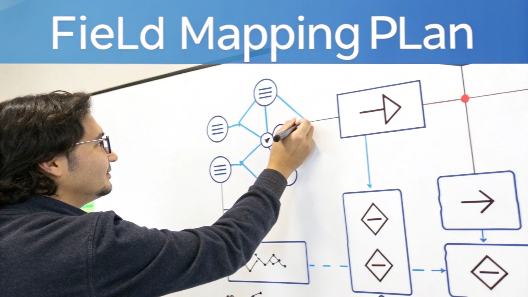 A person drawing a complex "Field Mapping Plan" diagram on a whiteboard with a marker, showing data flow.