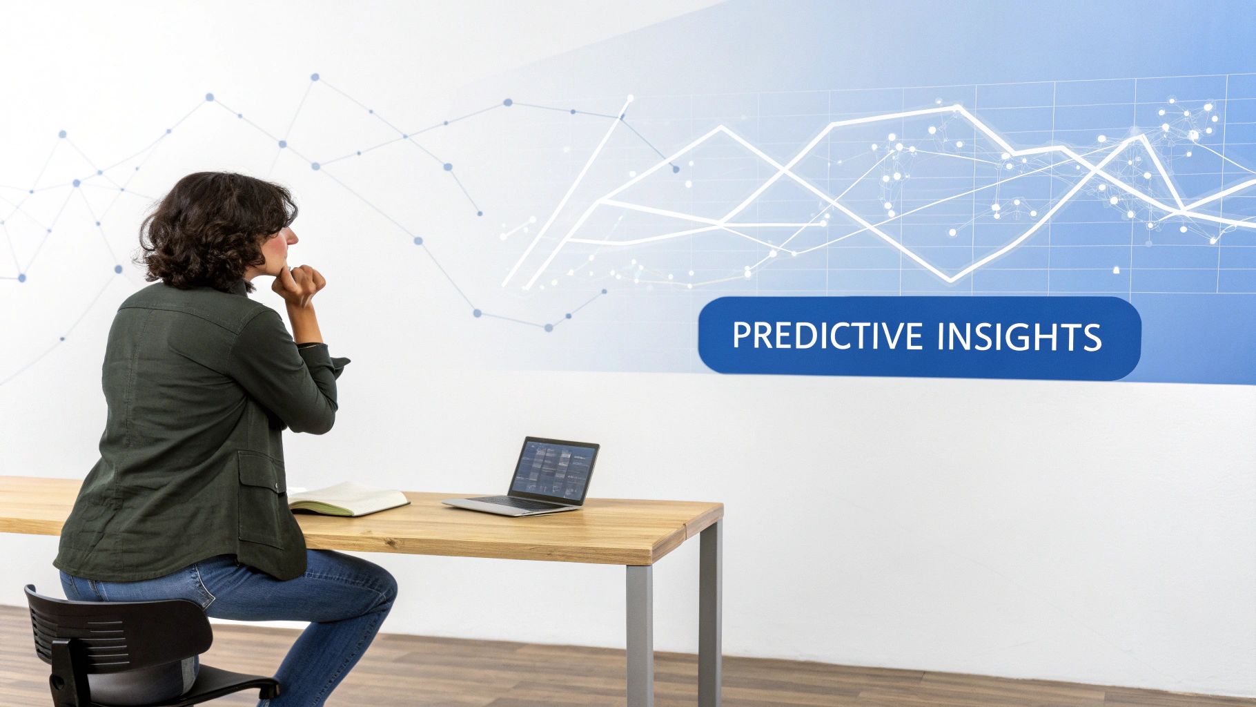 A woman sits at a desk, observing a large wall display showing "PREDICTIVE INSIGHTS" and data graphs.