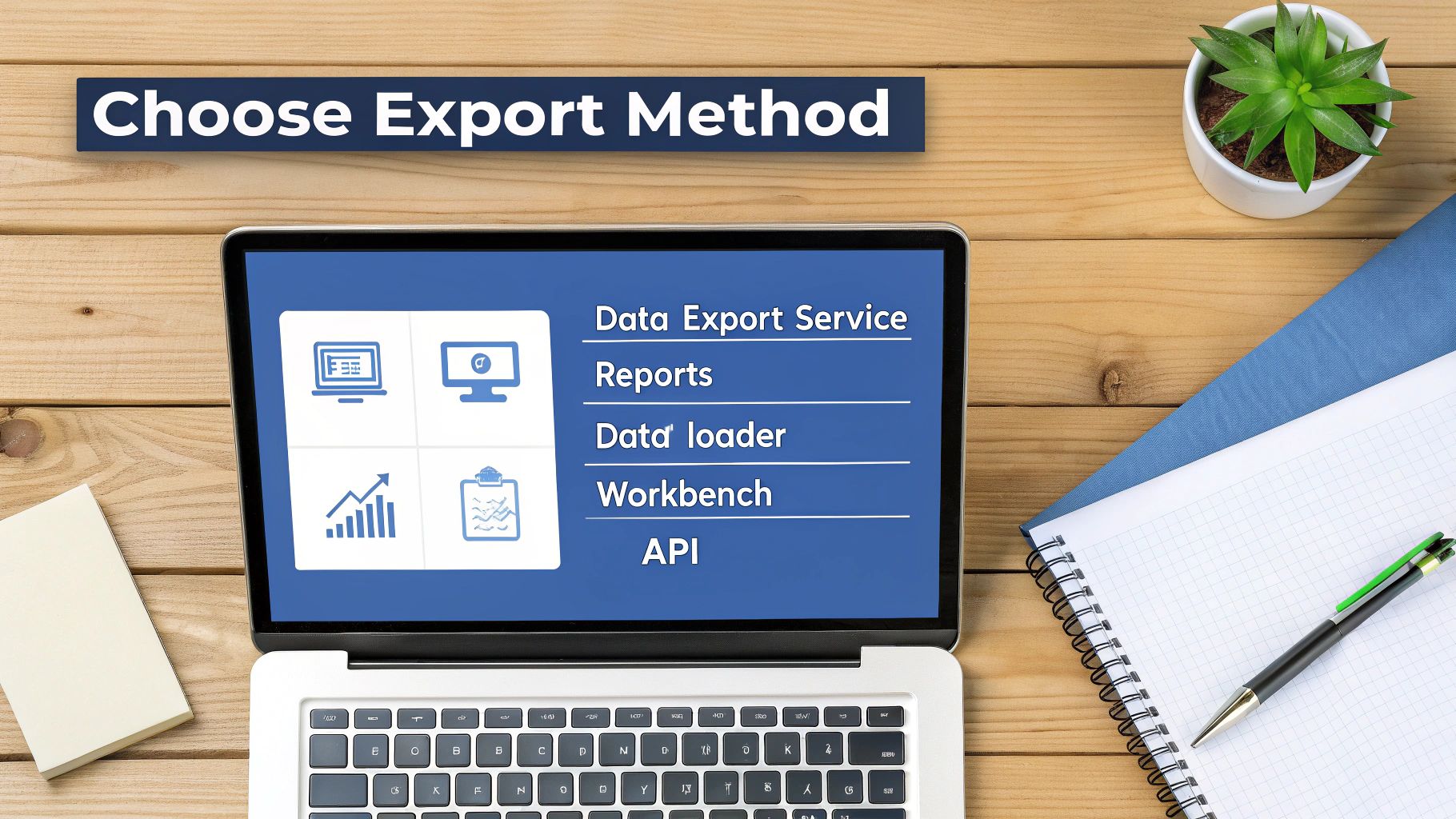 Flat lay of a laptop on a wooden desk displaying data export method options.