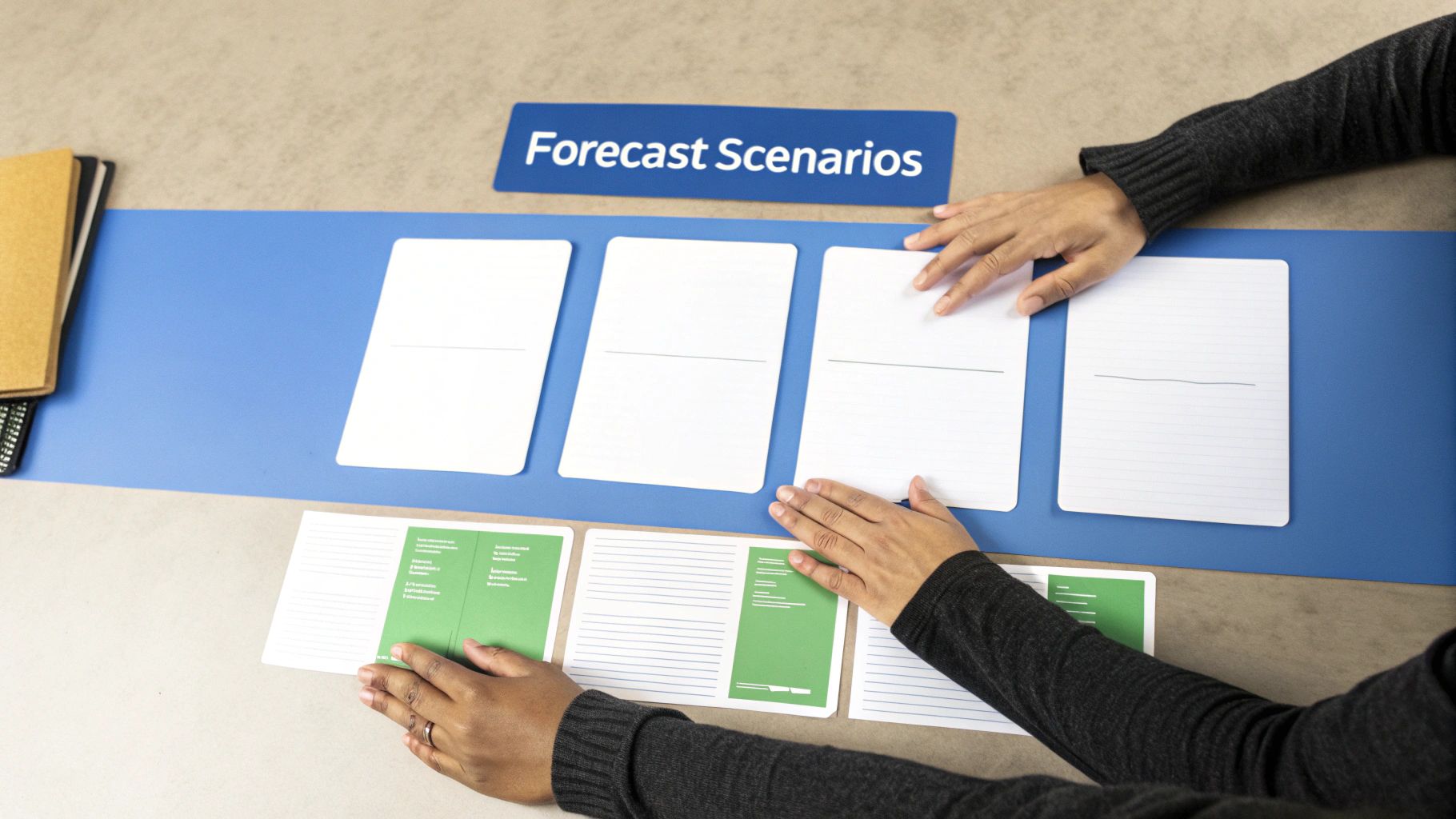 Person's hands engaging with white and green cards on a blue mat under a 'Forecast Scenarios' sign, for workshop.