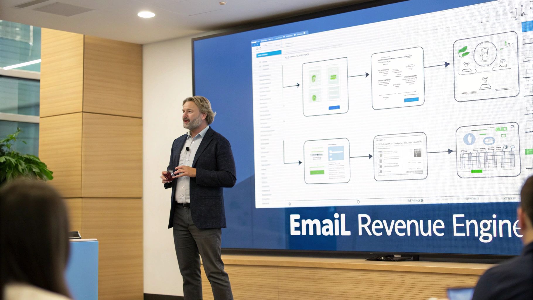 Man presenting 'Email Revenue Engine' workflow diagrams on a large screen to an audience.