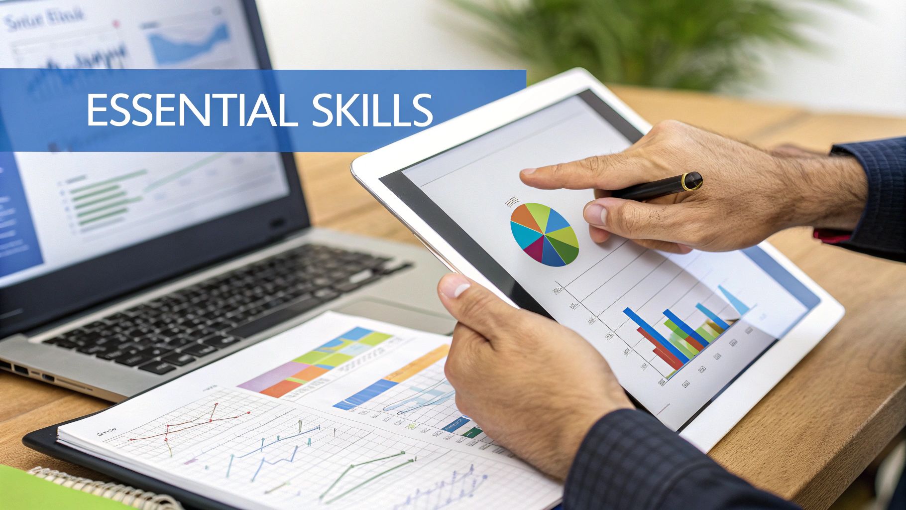 A professional using a tablet to analyze complex data visualizations, representing the blend of analytical and technical skills in RevOps.