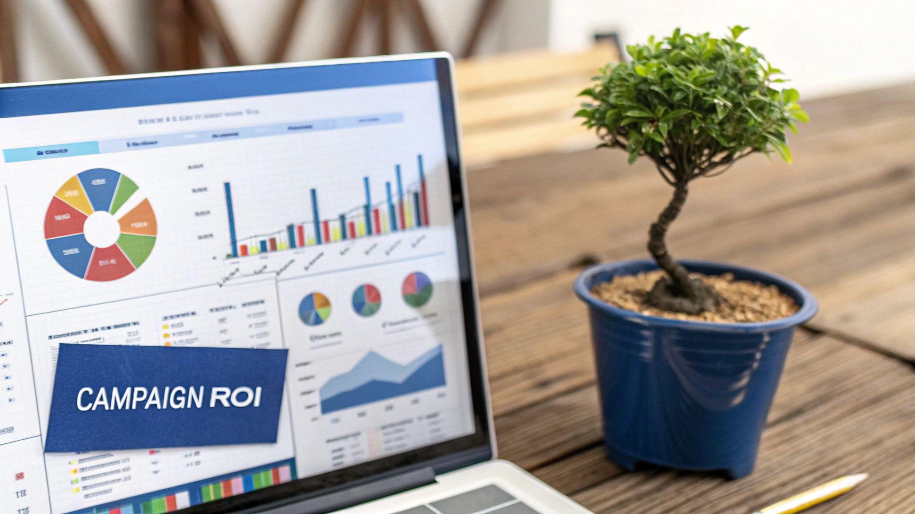 A professional working on a laptop, analyzing charts and graphs on the screen, representing campaign performance measurement.