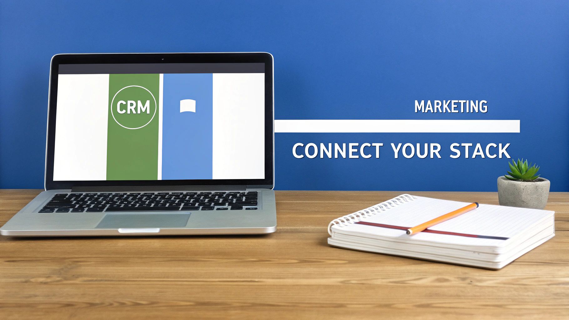 A marketing operations professional works on a dashboard showing a MarTech stack with Salesforce, HubSpot, and Pardot logos.