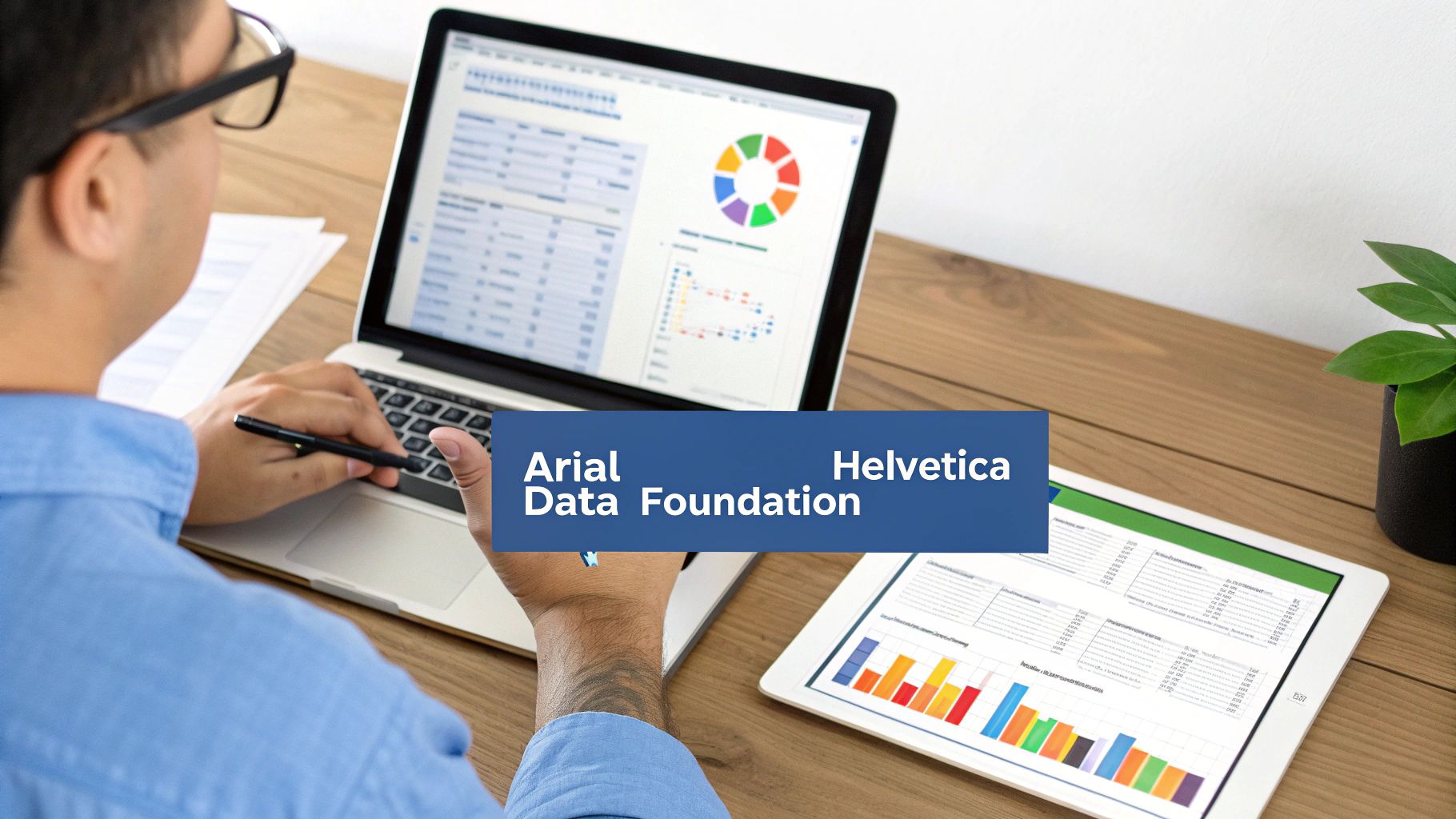 A person works at a desk with a laptop and tablet displaying business charts.