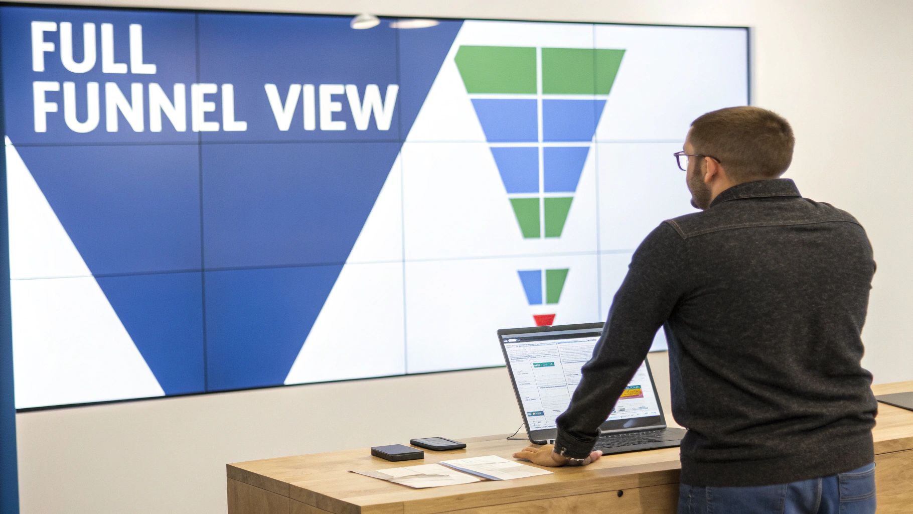 A person in glasses views a large screen with a 'FULL FUNNEL VIEW' diagram and a laptop.