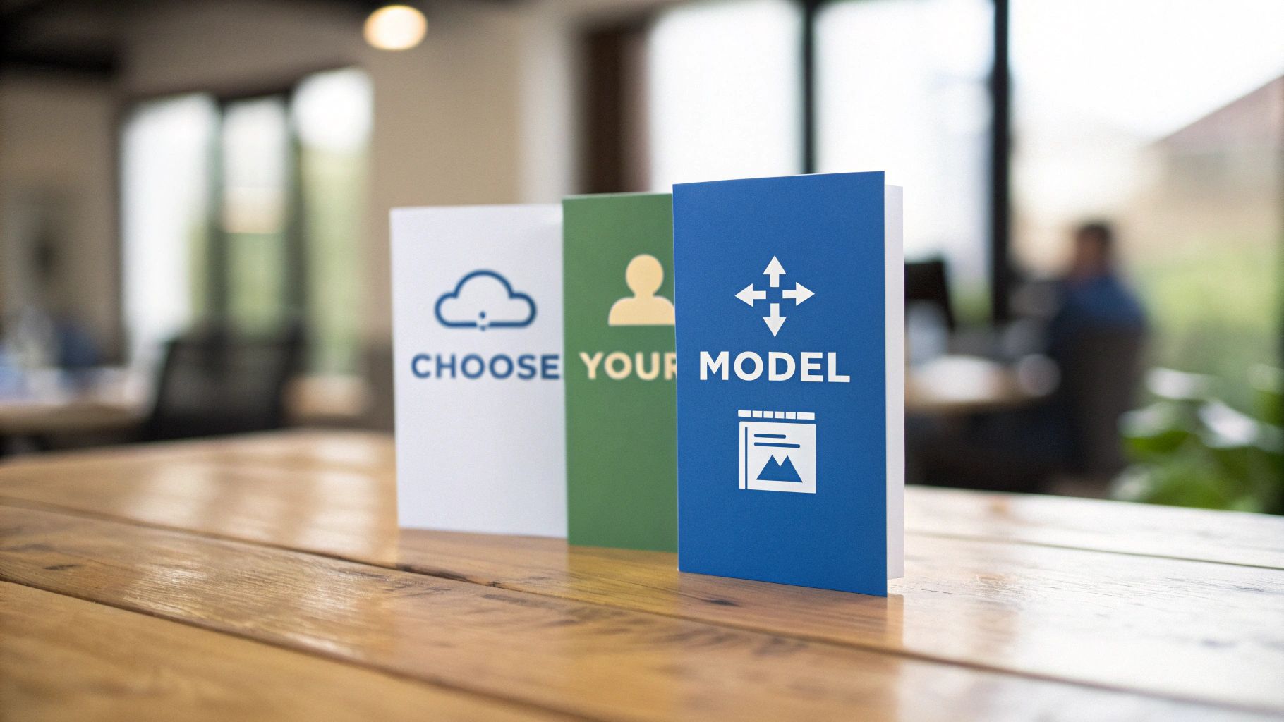 Three cards on a wooden table, reading 'CHOOSE YOUR MODEL' with cloud, person, and model icons.