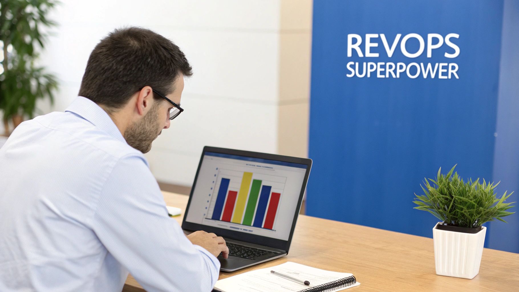 A man in a light blue shirt works on a laptop displaying a colorful bar chart, with a 'REVOPS SUPERPOWER' sign in the background.