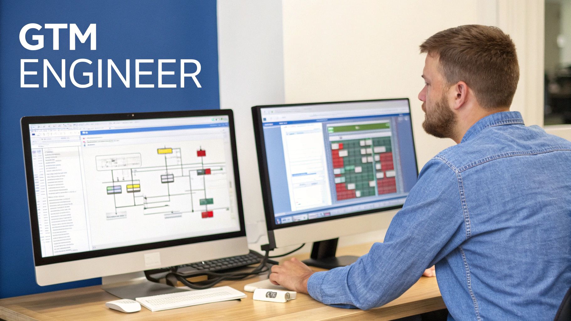 A GTM engineer works at a desk with two computer screens displaying technical diagrams and data.