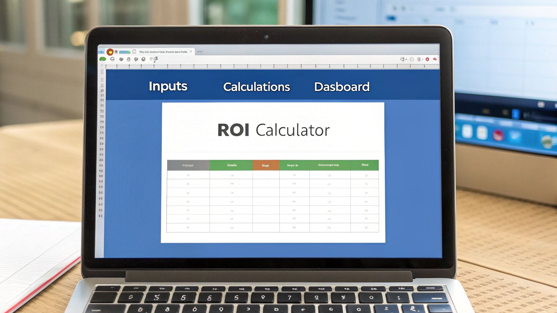 An open laptop displays an ROI Calculator spreadsheet application with data tables and navigation tabs on a desk.
