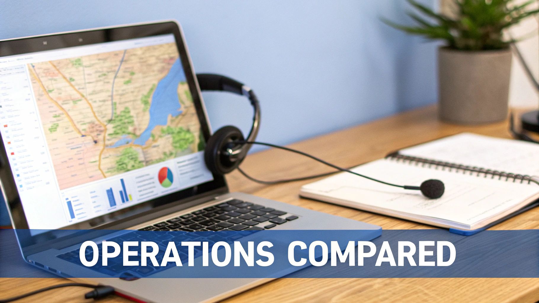 Professional workspace with laptop showing operational data, headphones, and a notebook on a wooden desk.
