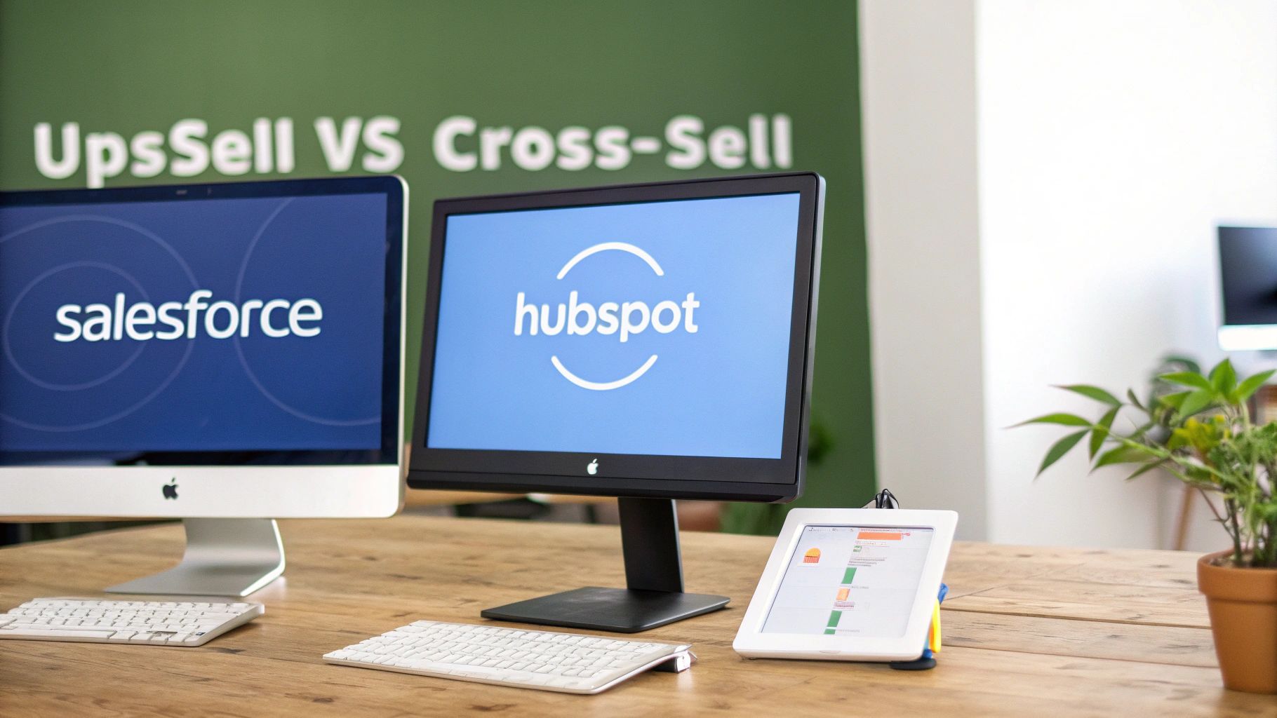 Two computer screens displaying Salesforce and Hubspot logos, with an 'Upsell VS Cross-Sell' banner.