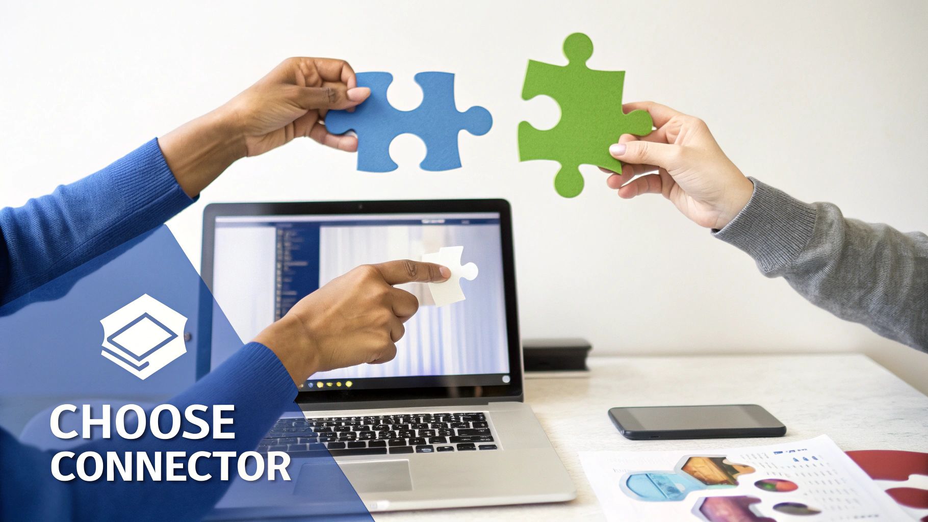 Two hands connecting blue and green puzzle pieces over a laptop, symbolizing integration and partnership.