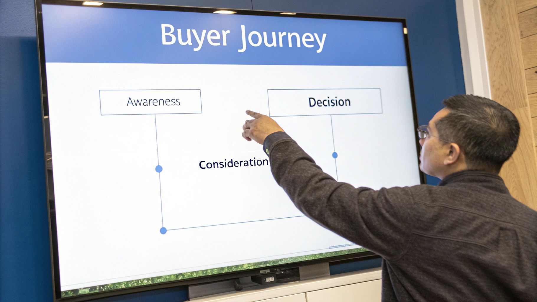 A person points at a large screen displaying a 'Buyer Journey' diagram with Awareness, Consideration, and Decision stages.