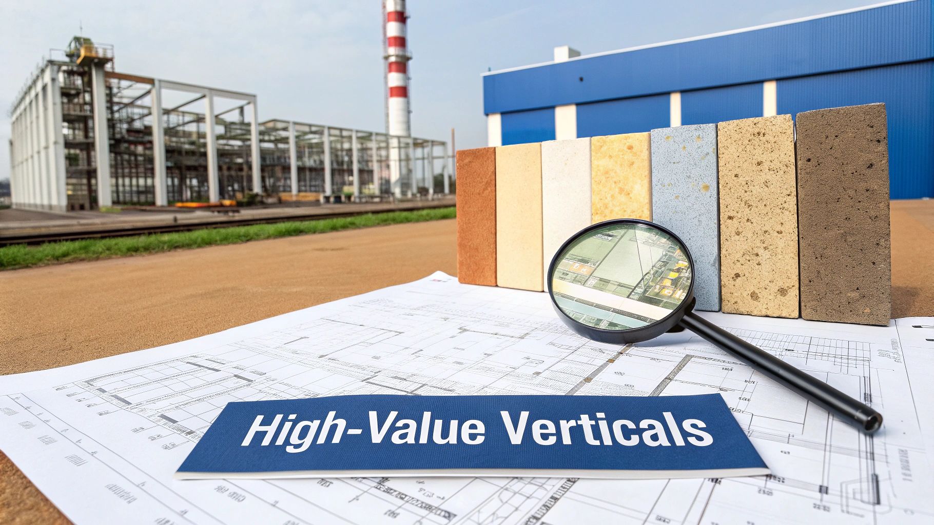 Architectural blueprints with various building material samples, a magnifying glass, and a 'High-Value Verticals' book on an industrial site.