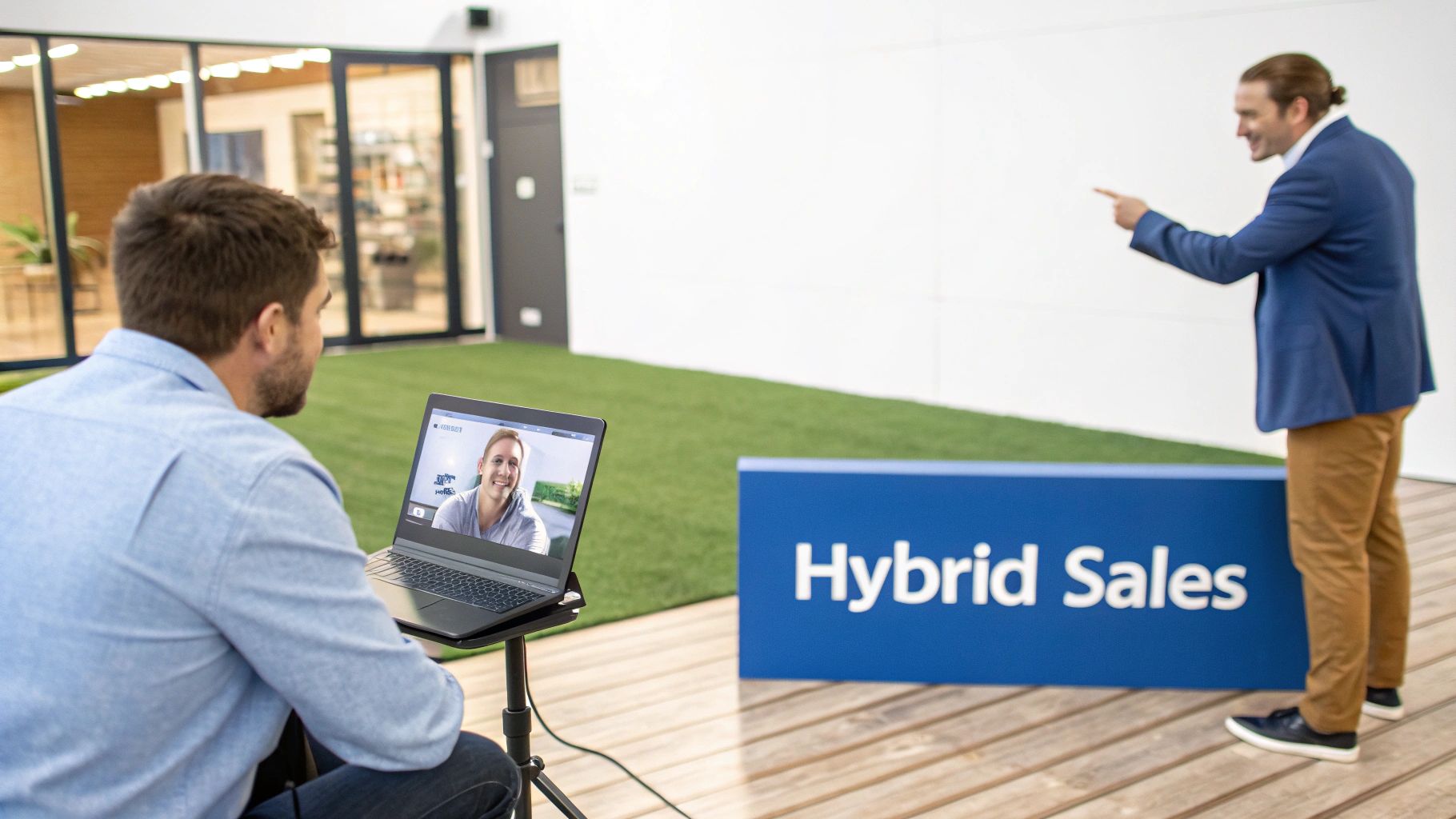 A man on a video call watches another man present "Hybrid Sales" in a modern office.