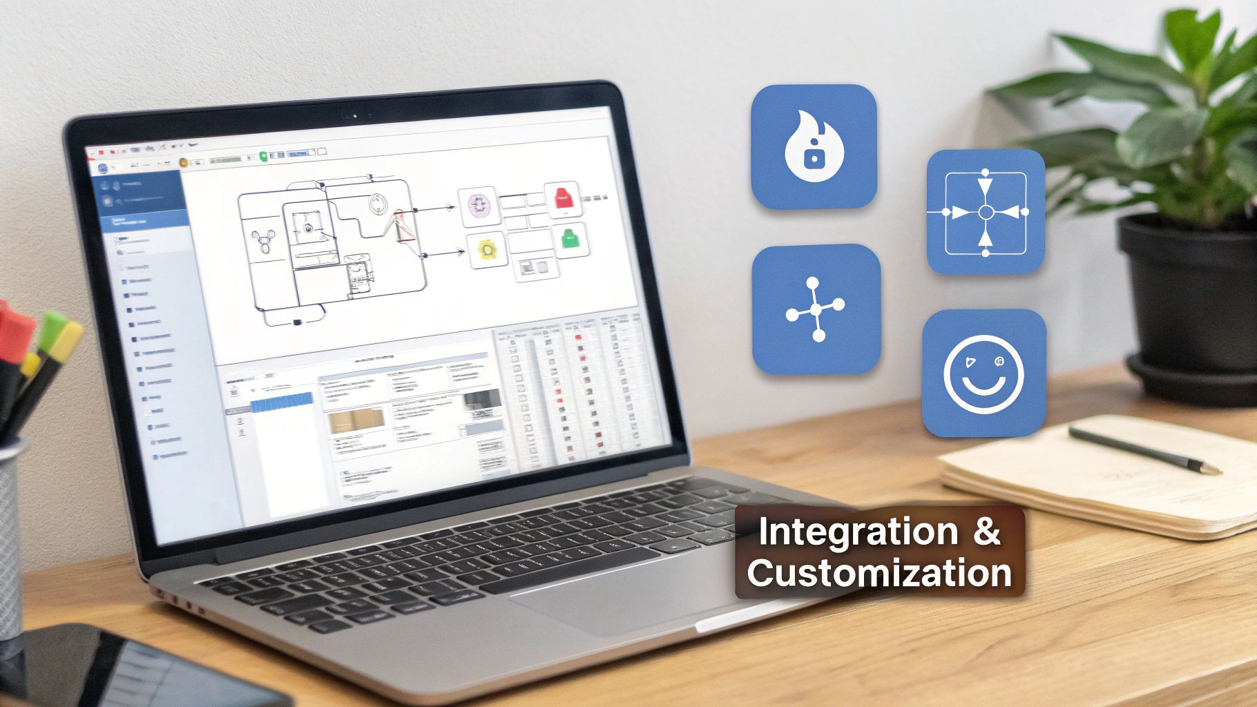 A laptop on a desk showing a software workflow diagram, with icons and text "Integration & Customization".
