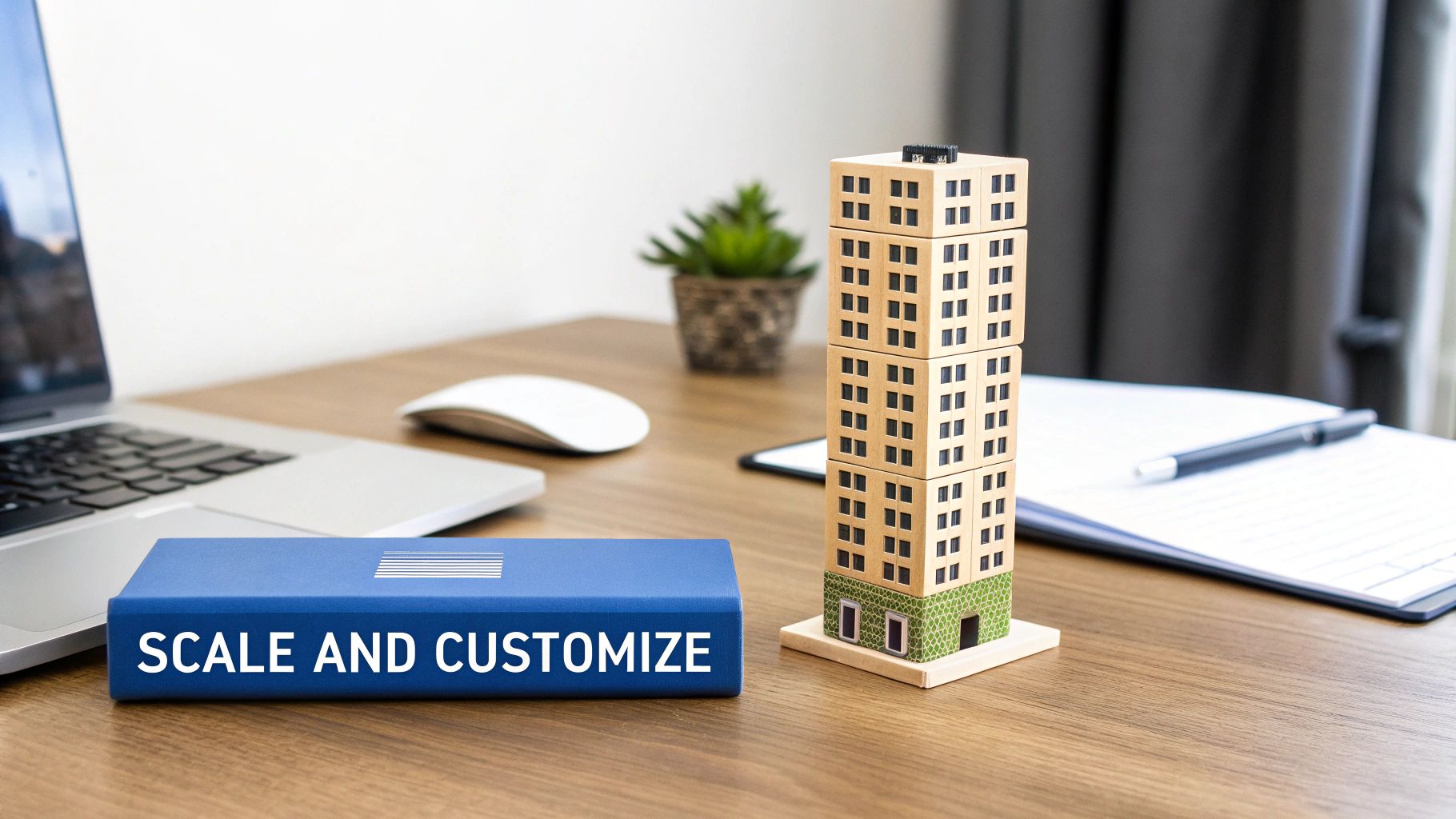 Office desk with a laptop, mouse, plant, building blocks, and a blue book saying "SCALE AND CUSTOMIZE".