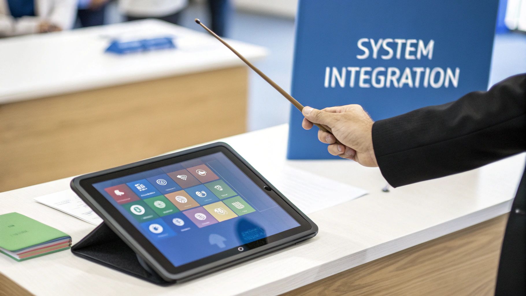 An abstract image showing interconnected digital nodes and data pathways, representing system integration.