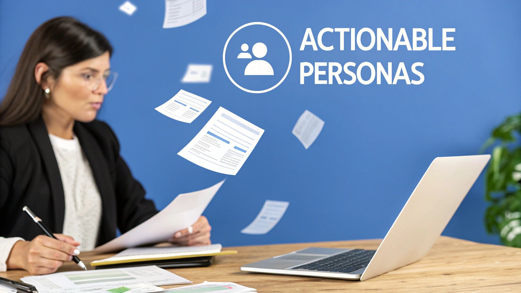 A person connecting glowing dots on a digital interface, symbolizing the process of transforming raw data into a cohesive persona.