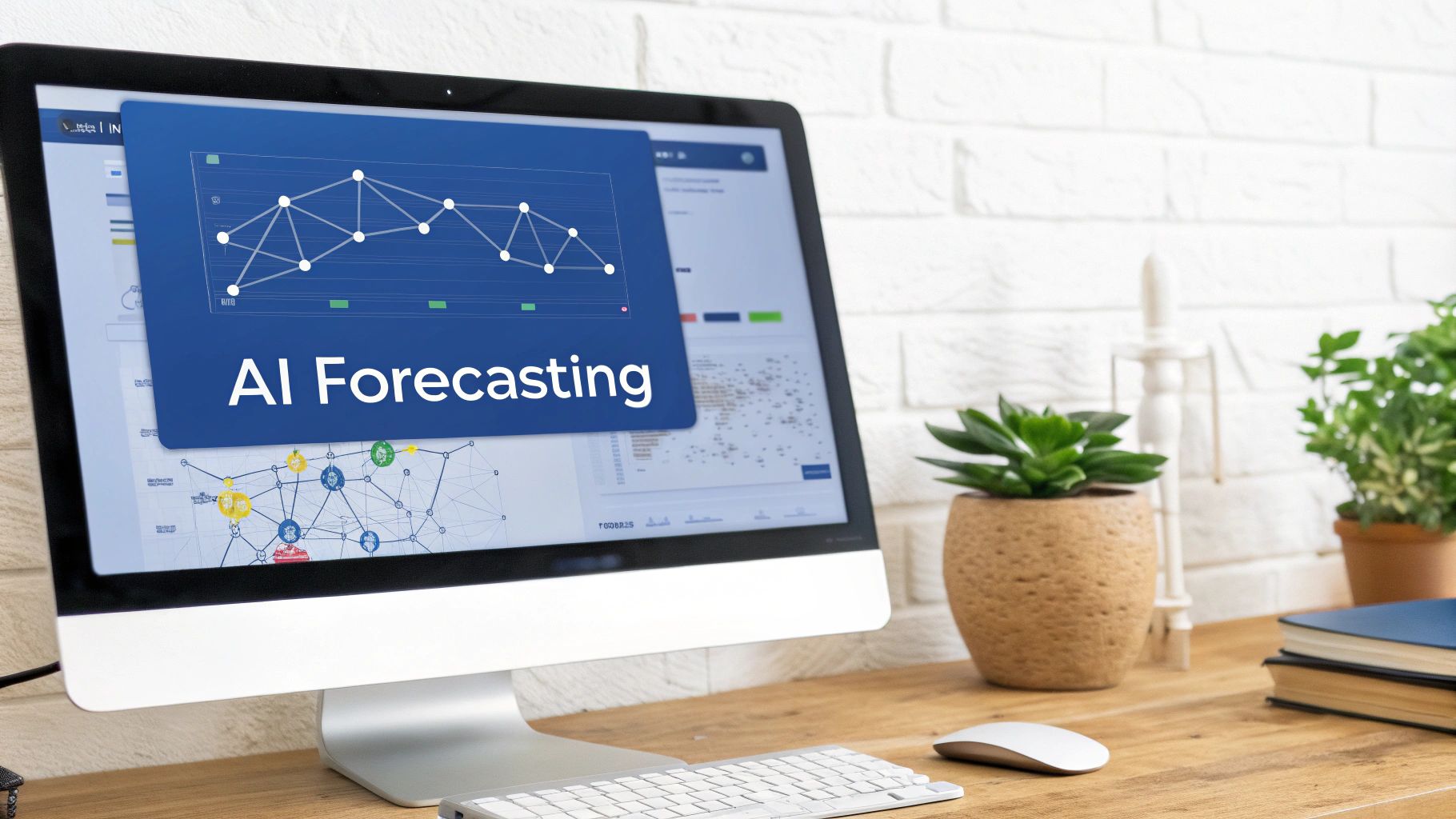 Computer monitor showing 'AI Forecasting' with a graph, keyboard, mouse, and plants on a desk.