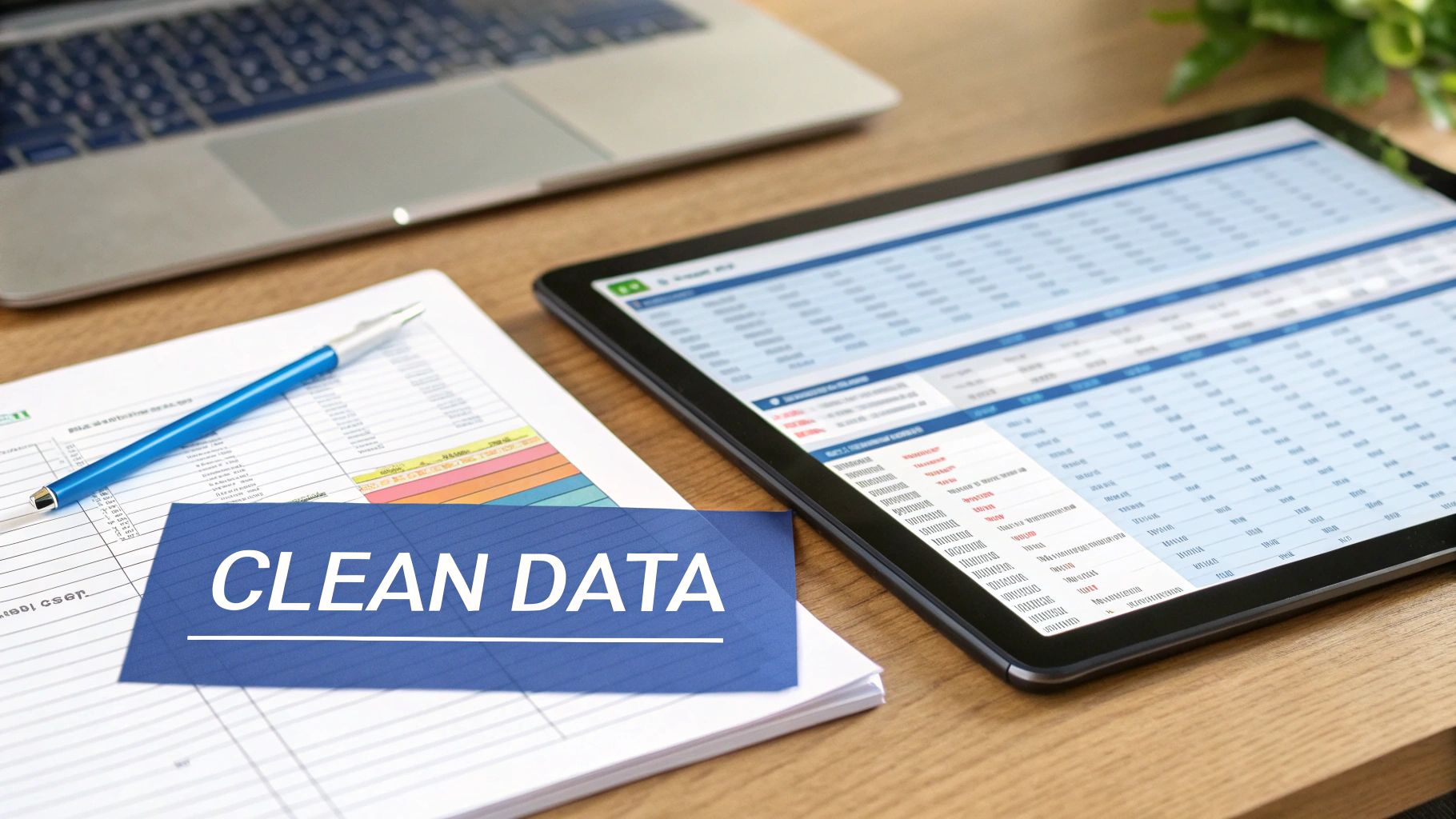 Overhead view of a desk with a laptop, tablet displaying data, papers, and a 'CLEAN DATA' card.