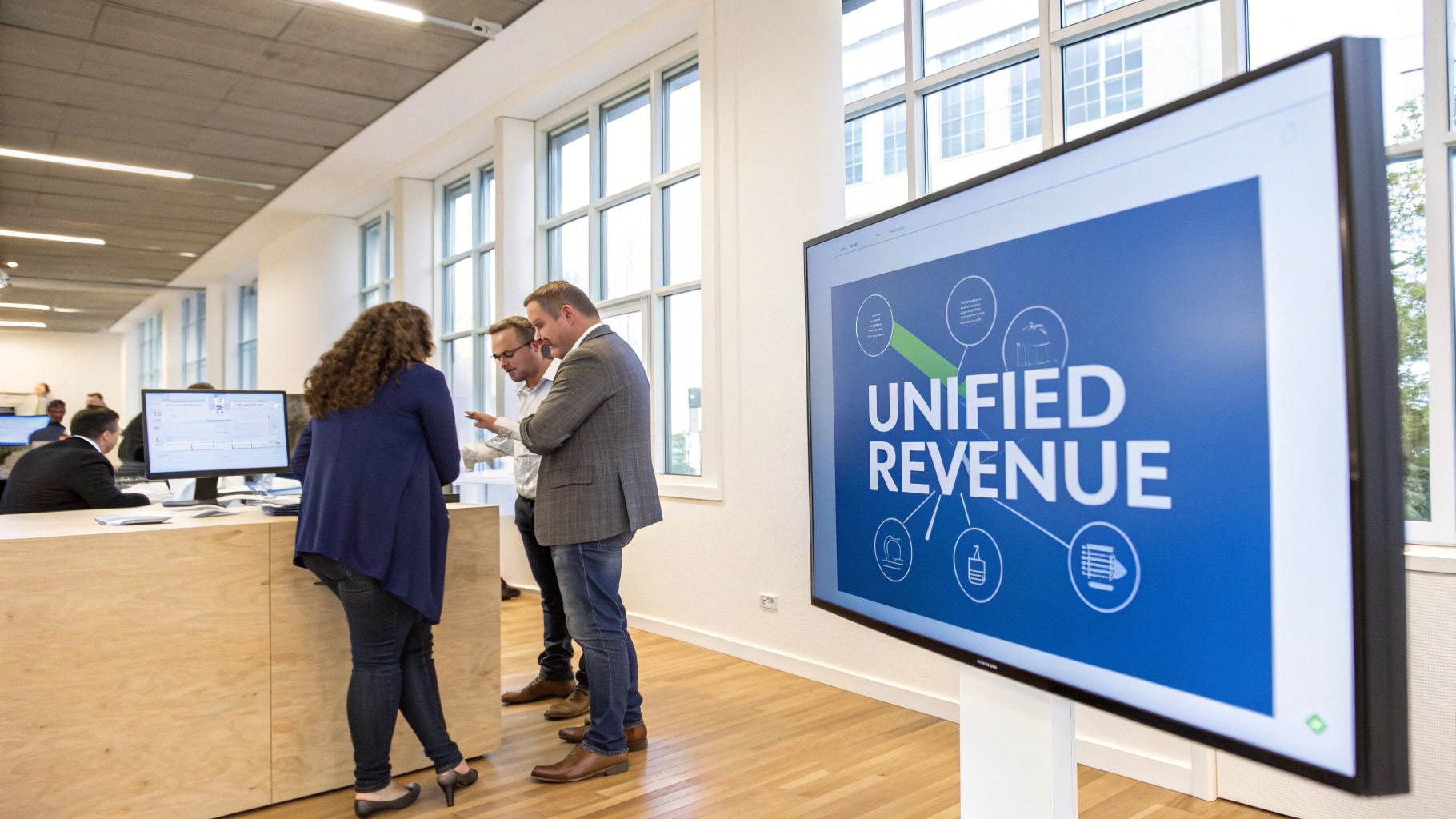 People gather in a modern office space with a large screen displaying 'Unified Revenue' graphics.