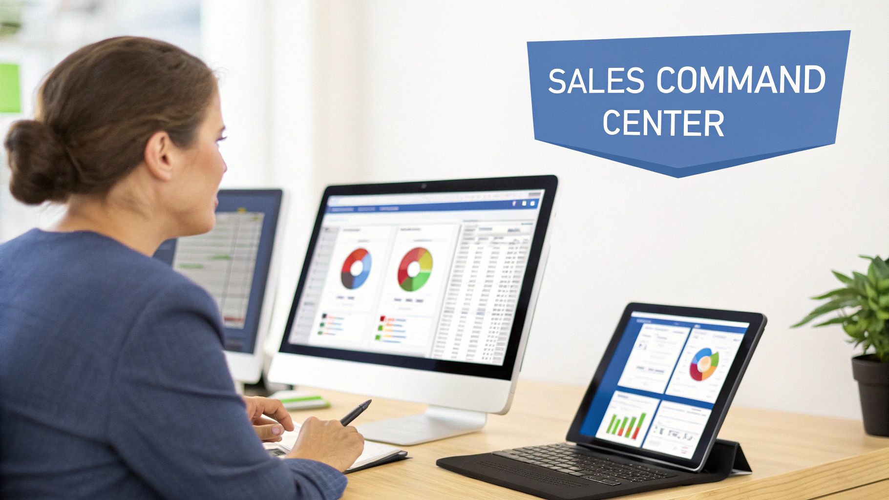 A team collaborating on a sales operations strategy around a table with laptops and charts.