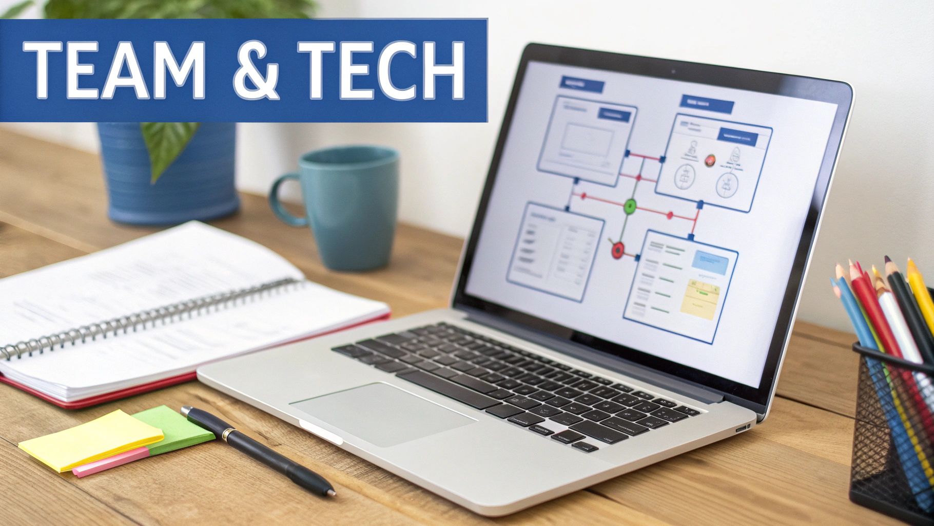 Office desk with a laptop displaying a tech diagram, notebook, and 'TEAM & TECH' text overlay.
