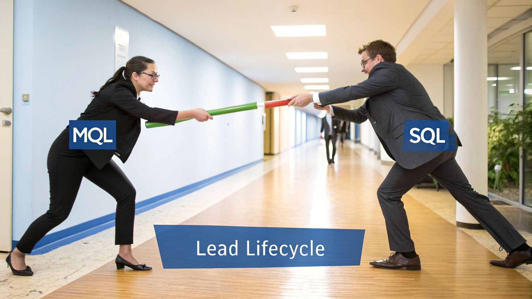 Two business people tugging a baton, symbolizing the MQL to SQL lead lifecycle process.