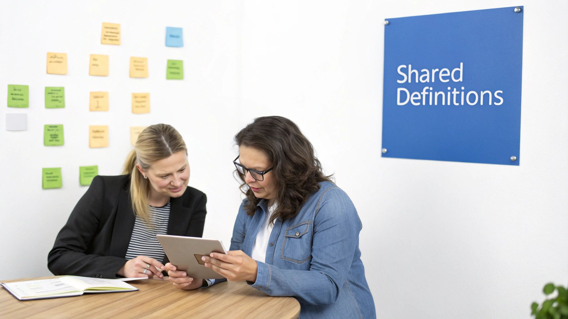 Two women collaboratively review content on a tablet at a table with sticky notes on the wall.