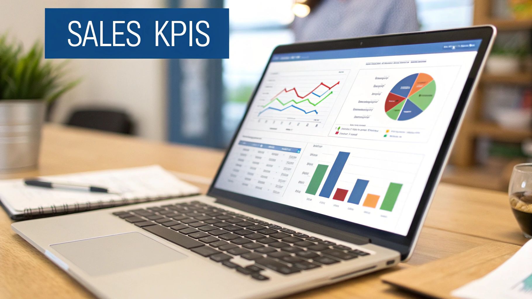 A laptop on a wooden desk displays various sales KPIs with charts and graphs.