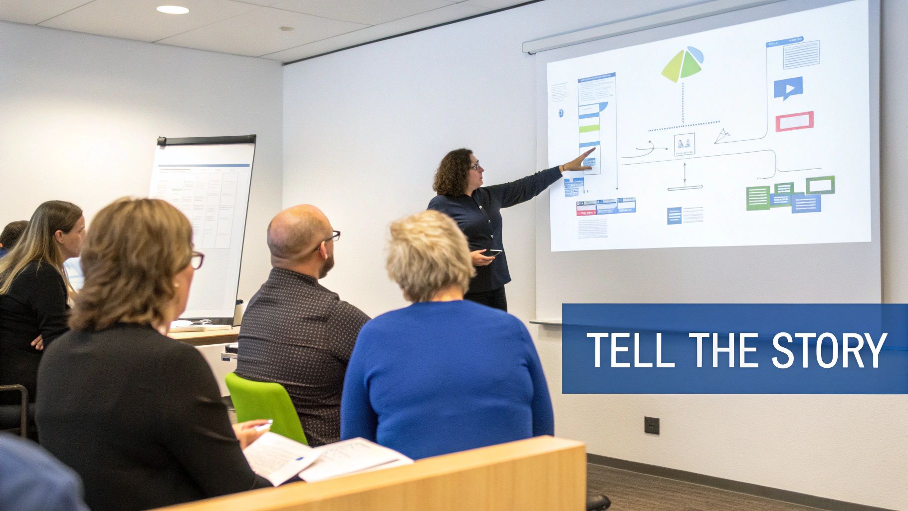A woman presents a complex diagram on a large screen to an attentive audience in a bright meeting room.
